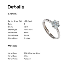 Moissanite Ring - 1.00 Carat Vs2 D Round cut Adjustable