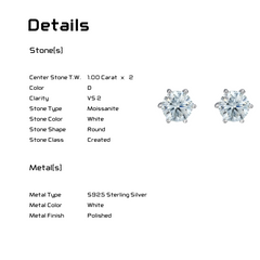 Moissanite Solitaire Earrings - 1.00 x 2 Carat Vs2 D Round cut